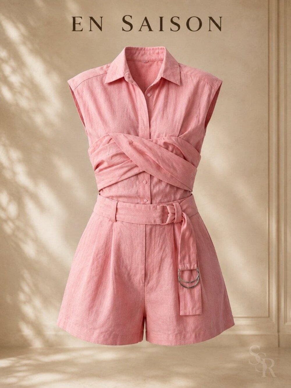 En Saison Bethany Pink Linen Blend Twist Front Top Belted Shorts Set Size M